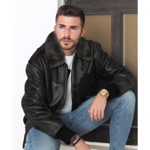 Cazadora de piel aviador con cuello desmontable