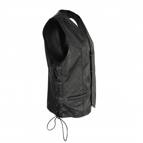 Chaleco de piel con bolsillos y cordones laterales