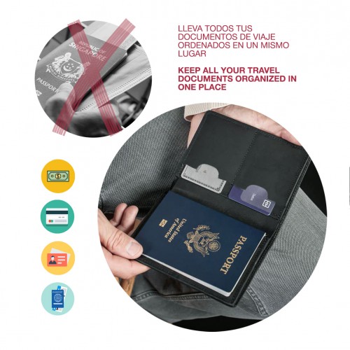 Cartera funda pasaporte de piel multiespacio 14,5x10 cm