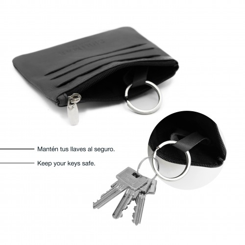 Monedero de piel con cremallera y llavero 8x10,5 cm