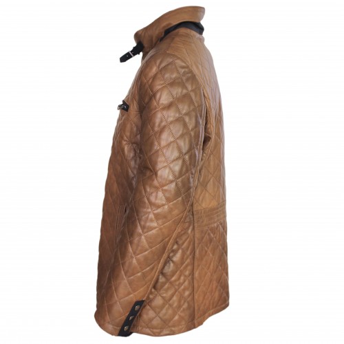 Cazadora acolchada de piel con doble cierre y hebilla