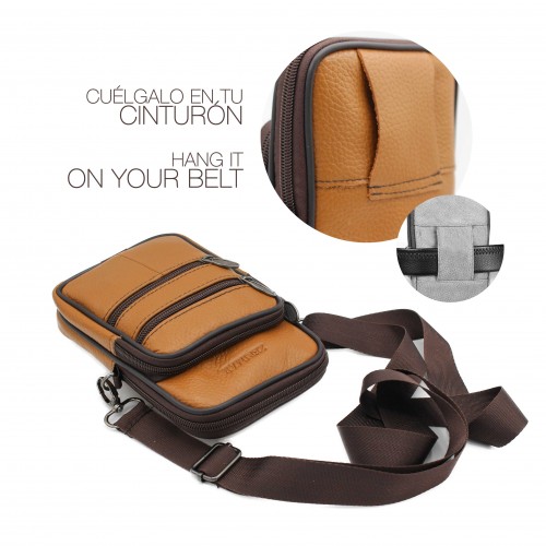 Bolso bandolera de piel con asa y para cinturón 10x8 cm