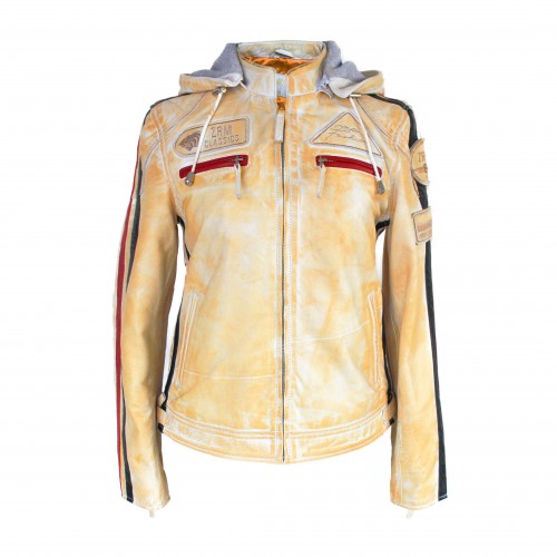 Chaqueta de piel con parches y capucha desmontable BOLLWOM