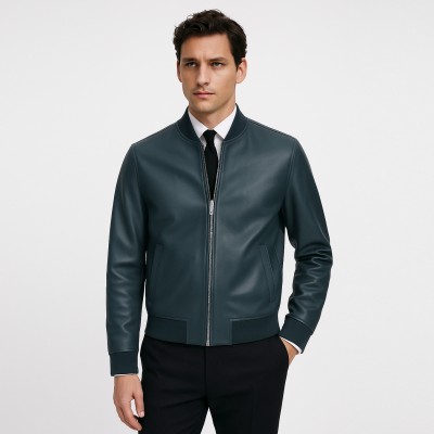 Chaqueta bomber de piel con cuello y puños de punto CLASSY