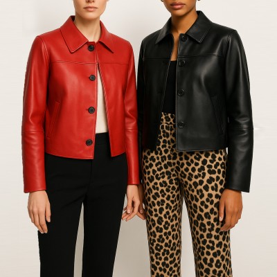 Chaqueta de piel abotonada cuello clasico BELLY