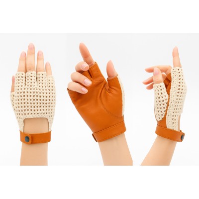 Guantes de piel sin dedos punto crochet para conductora