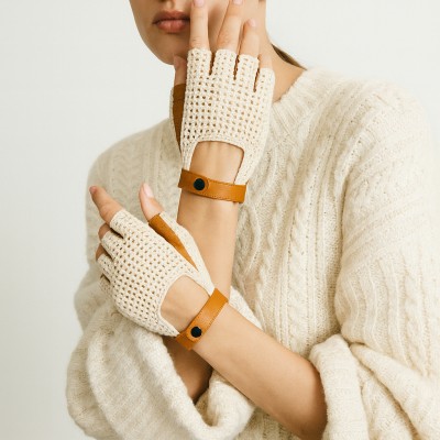 Guantes de piel sin dedos punto crochet para conductora