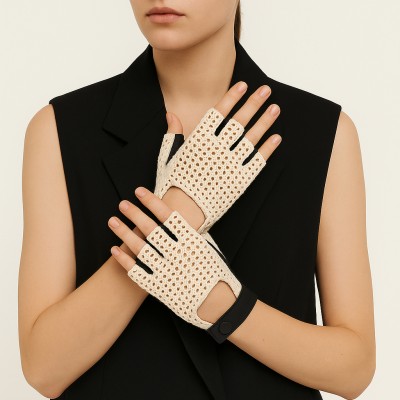 Guantes de piel sin dedos punto crochet para conductora
