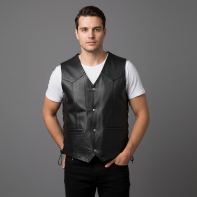 Chaleco de piel con bolsillos y cordones laterales