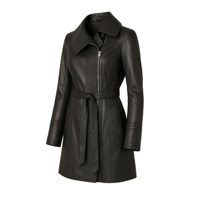 Gabardina de piel con cremallera y cinturón modelo BLACKY