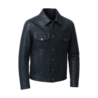 Chaqueta de piel estilo jeans cuello clasico con botones de clip