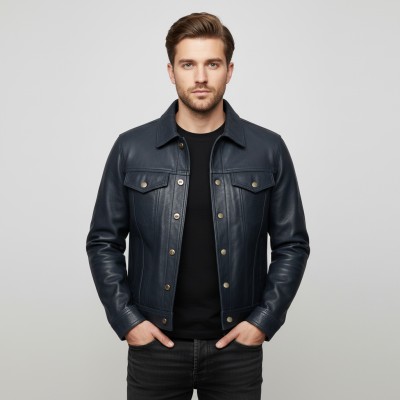 Chaqueta de piel estilo jeans cuello clasico con botones de clip