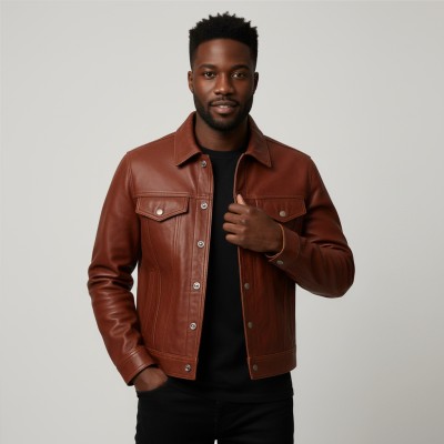 Chaqueta de piel estilo jeans cuello clasico con botones de clip