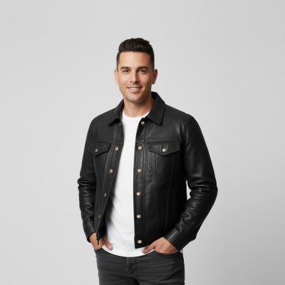 Chaqueta de piel estilo jeans cuello clasico con botones de clip
