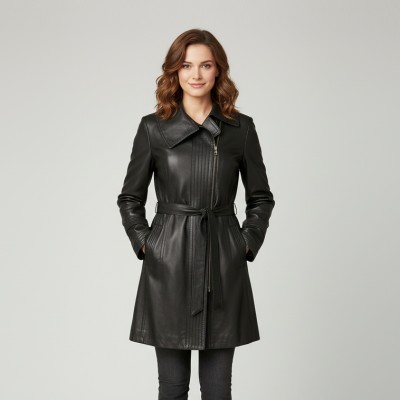 Gabardina de piel con cremallera y cinturón modelo BLACKY