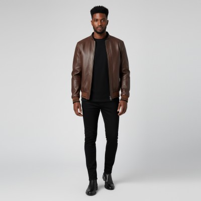 Chaqueta de piel con detalle textil líneas modelo COTA