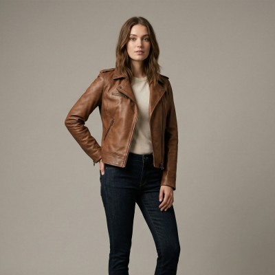 Chaqueta ceñida de piel estilo biker con cremallera