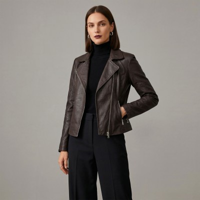 Chaqueta de piel estilo biker con cremallera modelo NORA