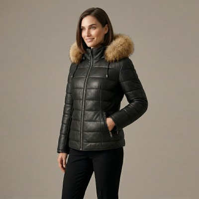 Chaqueta de piel con capucha de racoon modelo ALMOND