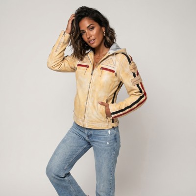Chaqueta de piel con parches y capucha desmontable BOLLWOM