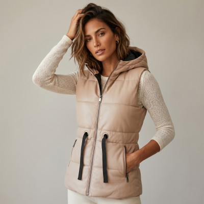 Chaleco de piel acolchado con capucha y lazo