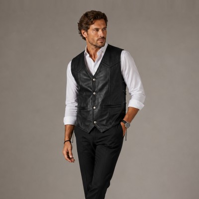 Chaleco de piel con bolsillos y cordones laterales