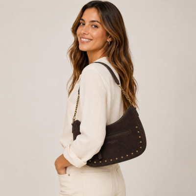 Bolso de serraje con doble asa y tachuelas 32x20x10 cm